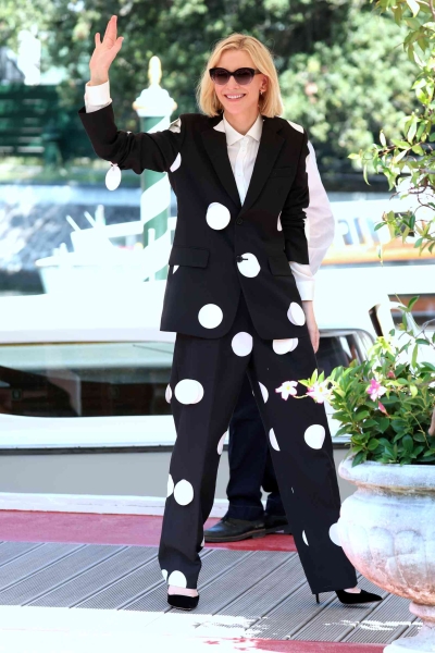 Cate Blanchett wore a Moschino pantsuit to the 81st annual Venice Film Festival that featured three dimensional polka dots. See the look here.