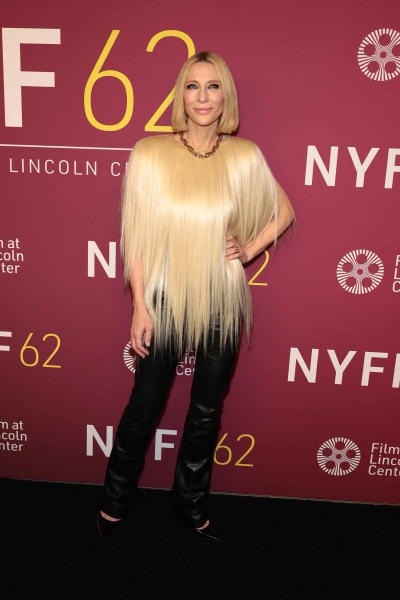 Cate Blanchett attended the premiere of 'Rumors' during New York Film Festival wearing a top made out of blonde hair extensions. See her full look, here.