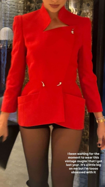 Dua Lipa shared her latest book club pick for Service95 with an Instagram post showing her wearing a vintage Mugler jacket and no pants. See more, here.