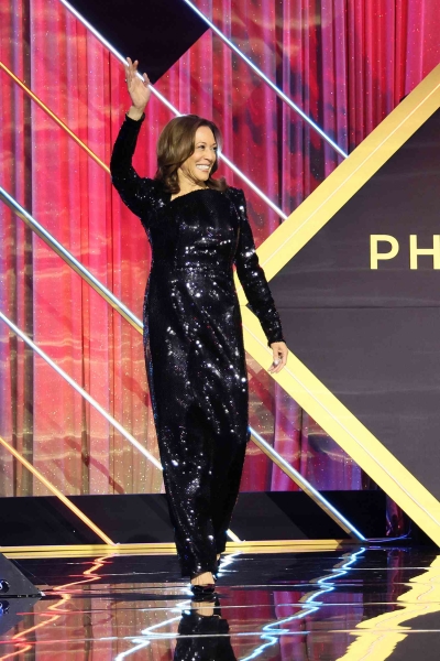 Kamala Harris attended the Congressional Black Caucus Foundation's 2024 Phoenix Awards dinner in Washington, D.C. in a black sequined gown by African American designer LaQuan Smith. See her full look, here.