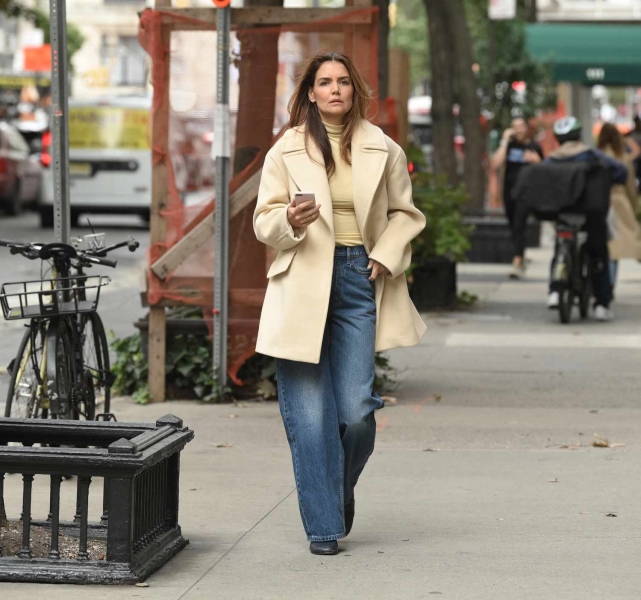 Katie holmes wore a butter yellow, quiet luxury outfit with items by Banana Republic while out in New York City—see her outfit, here.