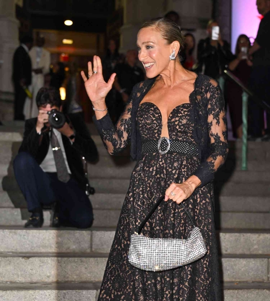 Sarah Jessica Parker appeared at The Golden Heart Awards benefiting God's Love We Deliver at The Cathedral Church of St. John the Divine in New York City wearing a seasonally spooky black lace dress with a plunging neckline.