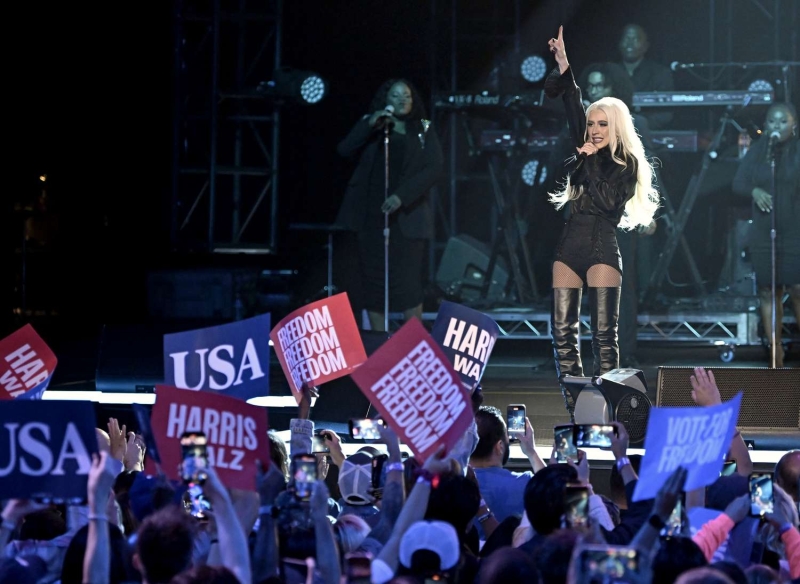 Christina Aguilera endorsed Kamala Harris for president while performing during a Harris-Walz campaign rally in Las Vegas. See her pantsless look, here.