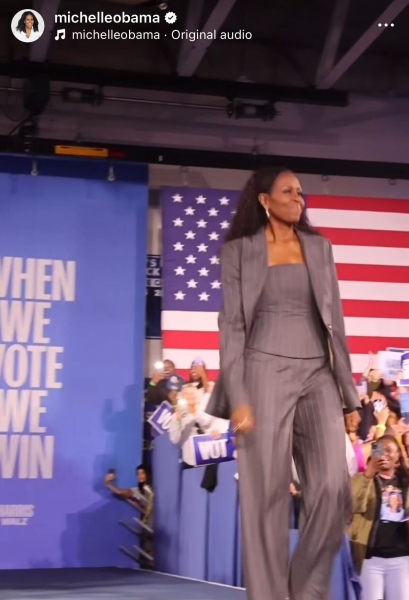 Michelle Obama wore a gray pinstripe power suit with a corset-style top and curly hair as she campaigned for Kamala Harris alongside Alicia Keys in Pennsylvania on Saturday, November 2.