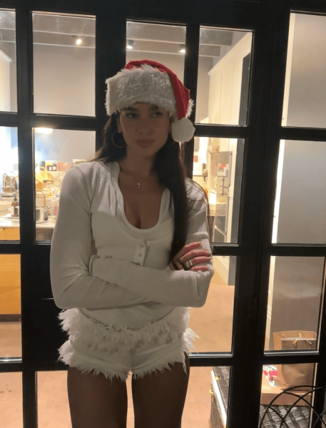 Dua Lipa's Christmas Day outfit was a pantsless look that featured feathered short shorts, pantyhose, and, of course, a Santa hat.