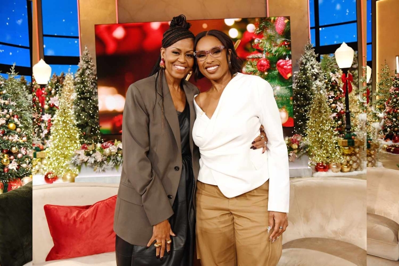 Michelle Obama appeared on 'The Jennifer Hudson Show' in an all-leather look that included a dress with a bubble dress with an asymmetric hemline along and slouchy over-the-knee boots.