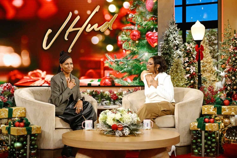 Michelle Obama appeared on 'The Jennifer Hudson Show' in an all-leather look that included a dress with a bubble dress with an asymmetric hemline along and slouchy over-the-knee boots.