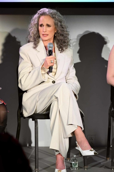 Andie MacDowell paired her winter white pantsuit with her signature gray hair during a panel discussion for her new Hallmark movie 'The Way Home' on Wednesday, January 22.