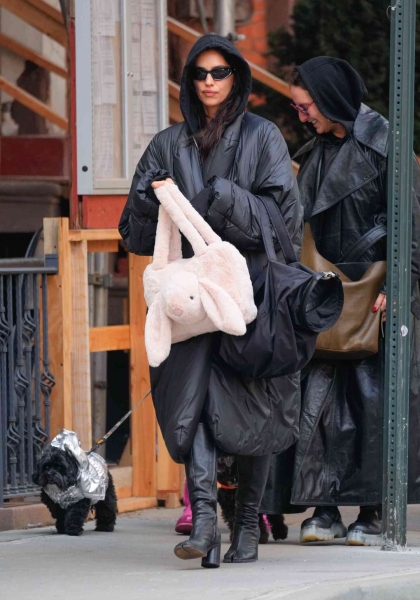 Irina Shayk borrowed her 7-year-old daughter Lea De Seine's bunny bag to walk her dog, Peanut, in New York City on Friday, January 17.