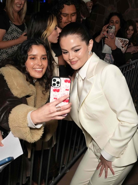 Selena Gomez wore a bridal-inspired white pantsuit to the 2025 Palm Springs Film Festival Film Awards on Friday January 3.