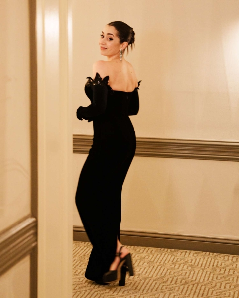 'The Penguin' star Cristin Milioti attended the 2025 Golden Globes in a custom black velvet Rodarte dress. See here for all the exclusive details on her red carpet look.