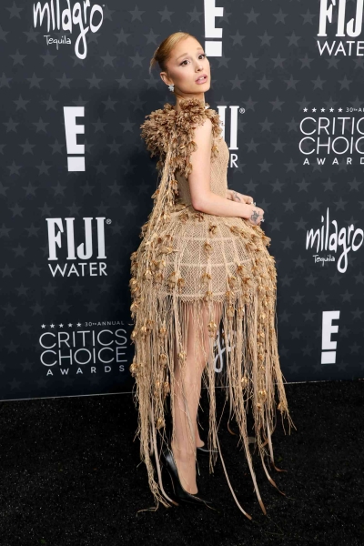 Ariana Grande looked like a whimsical ballerina as she wore a fishnet tutu-inspired dress by Dior Couture to the Critics' Choice Awards red carpet on February 7. See her Oz-coded look, here.