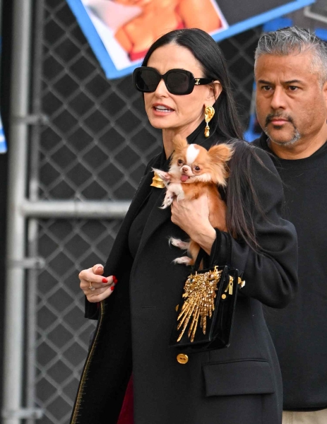 Demi Moore wore a gold-and-black Schiaparelli dress while carrying her iconic dog Pilaf on her way to Jimmy Kimmel.