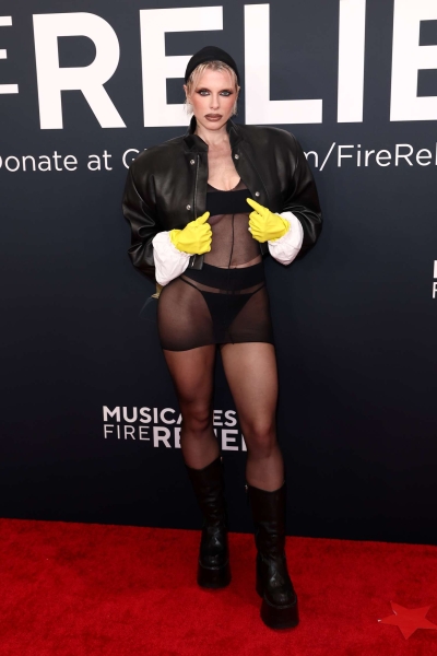 Julia Fox wore a G-string thong and kitchen gloves on the red carpet at the 2025 Grammy. See the polarizing look here.