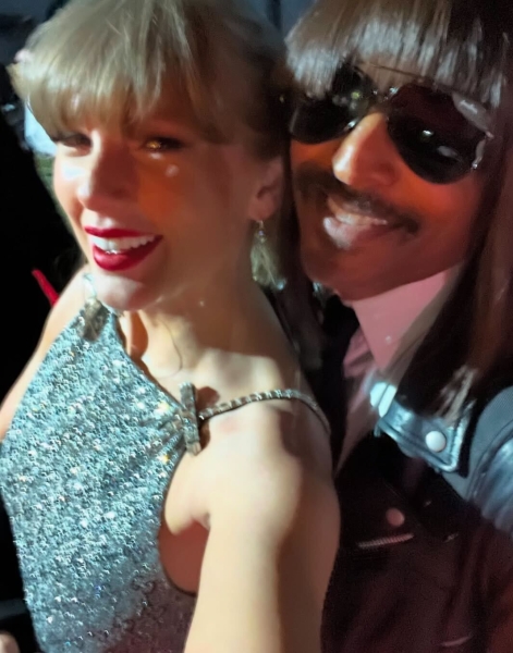 Taylor Swift secretly changed out of her red Vivienne Westwood dress into a bejeweled Gucci mini for the Grammys after-party, per photos shared by a fellow musician. See the sparkling logomania look, here.